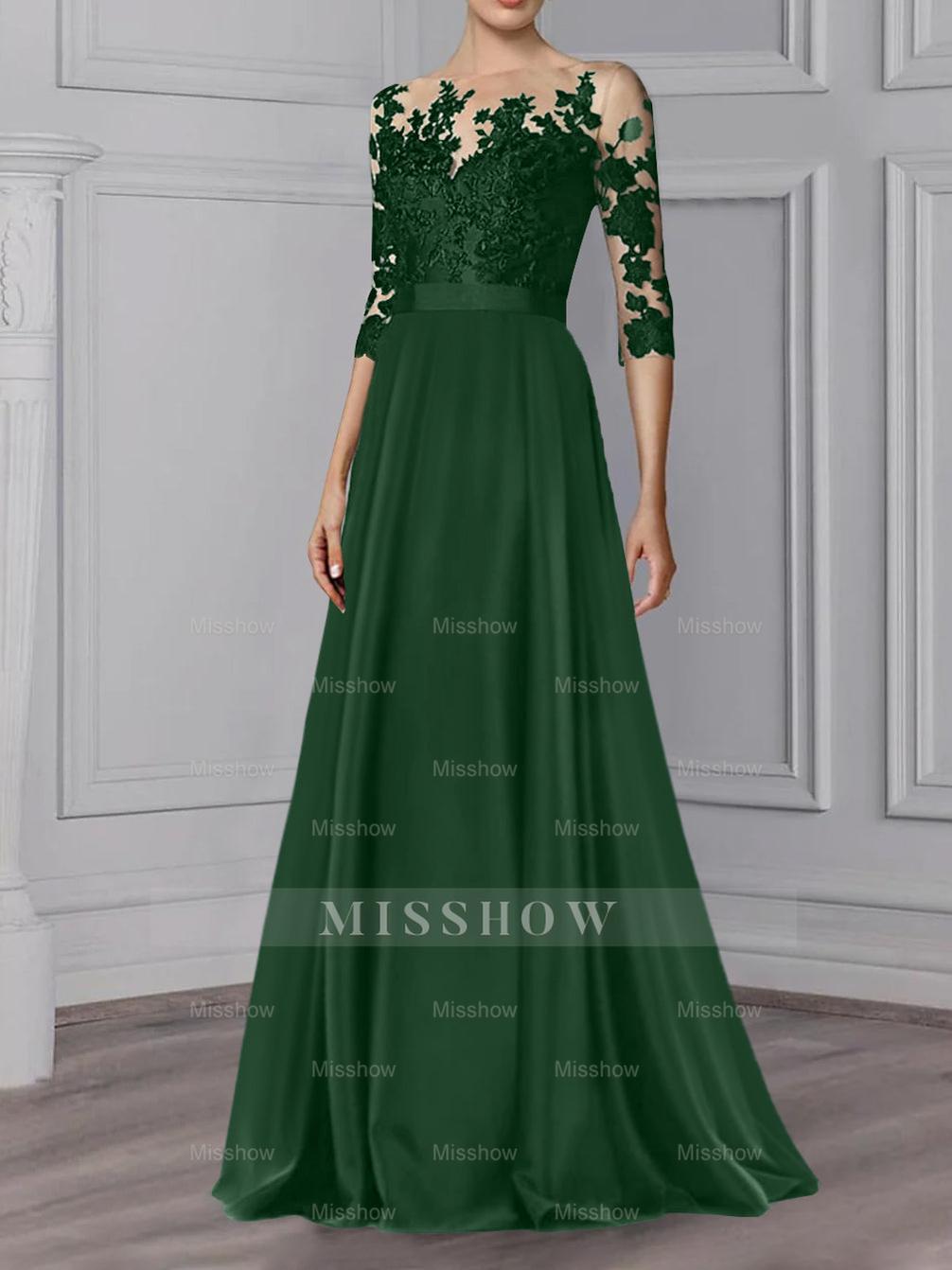 Floor-Length Mother of the Bride A-Line Dress with Jewel Neck and 3/4 Sleeves