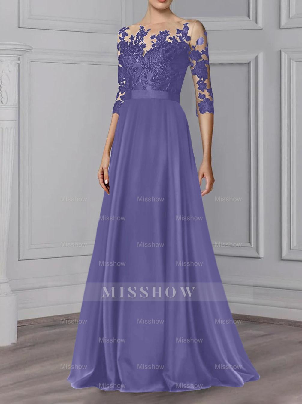 Floor-Length Mother of the Bride A-Line Dress with Jewel Neck and 3/4 Sleeves