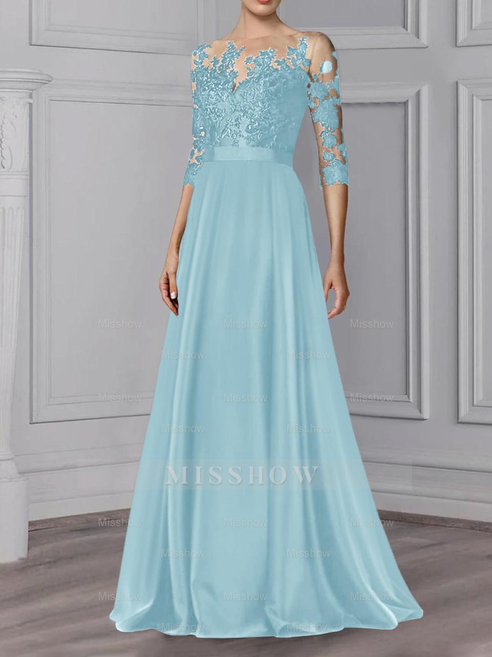 Floor-Length Mother of the Bride A-Line Dress with Jewel Neck and 3/4 Sleeves