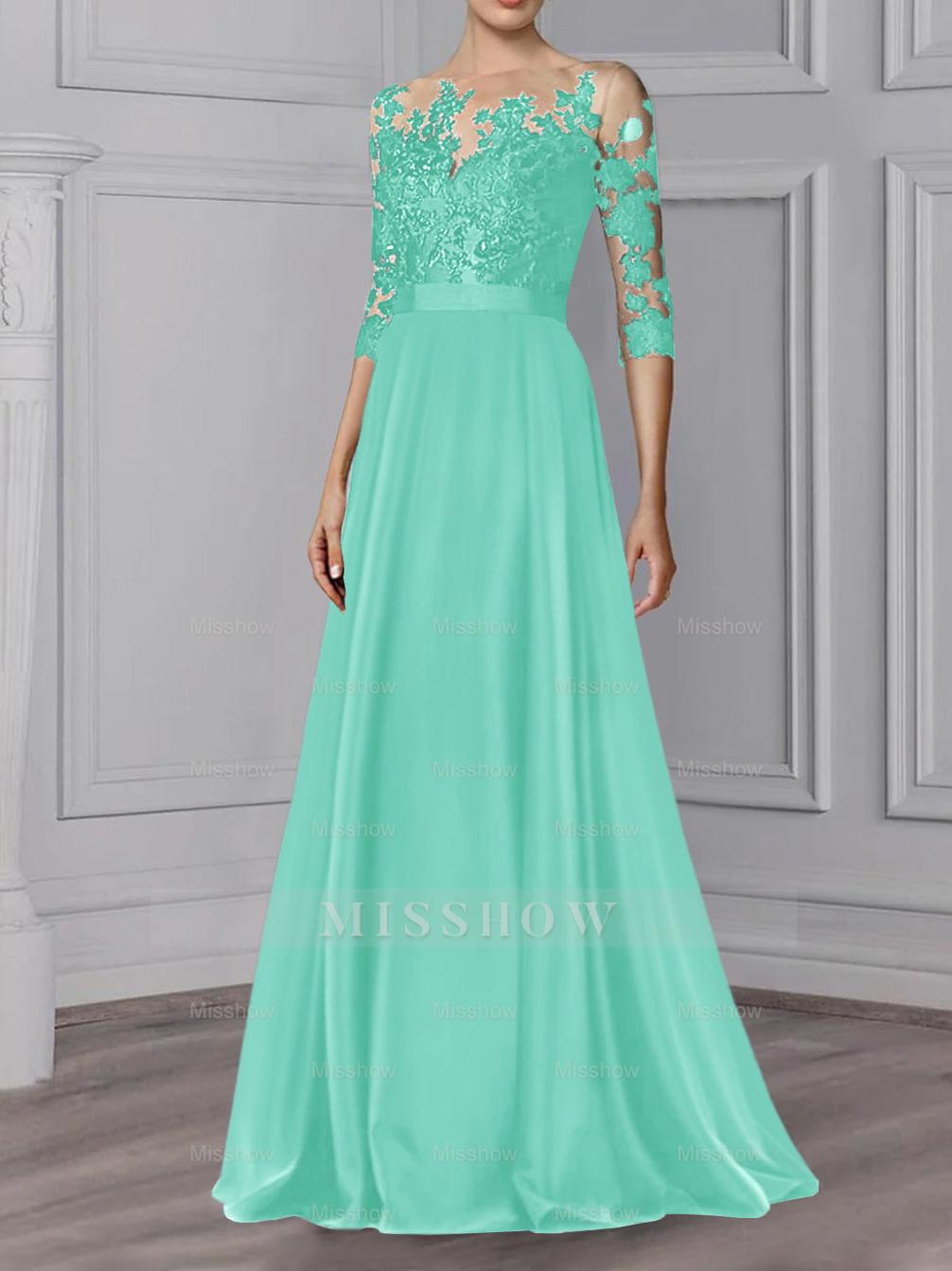 Floor-Length Mother of the Bride A-Line Dress with Jewel Neck and 3/4 Sleeves