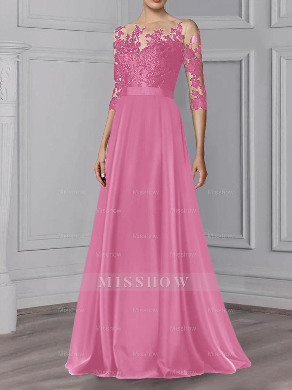 Floor-Length Mother of the Bride A-Line Dress with Jewel Neck and 3/4 Sleeves