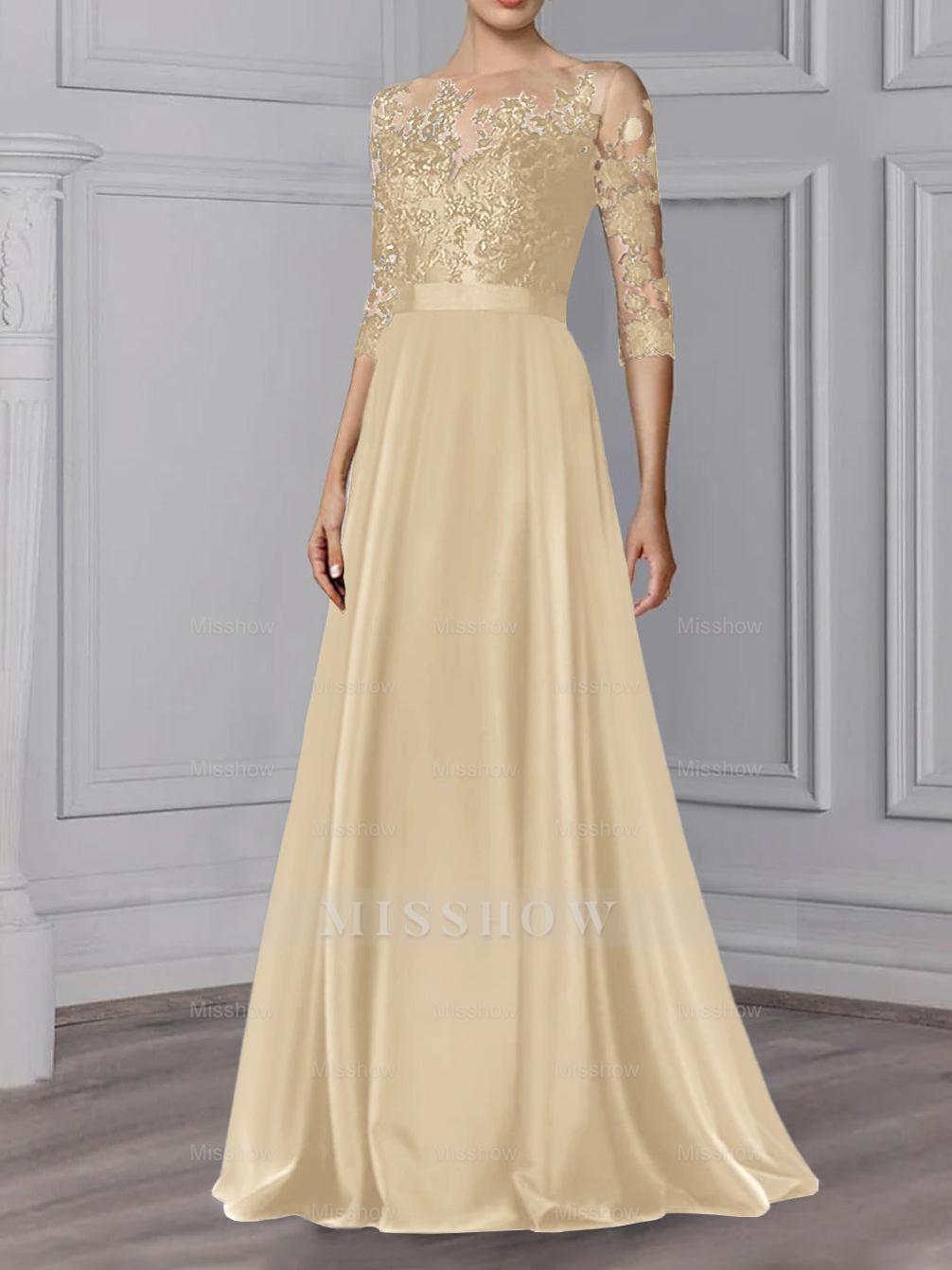 Floor-Length Mother of the Bride A-Line Dress with Jewel Neck and 3/4 Sleeves