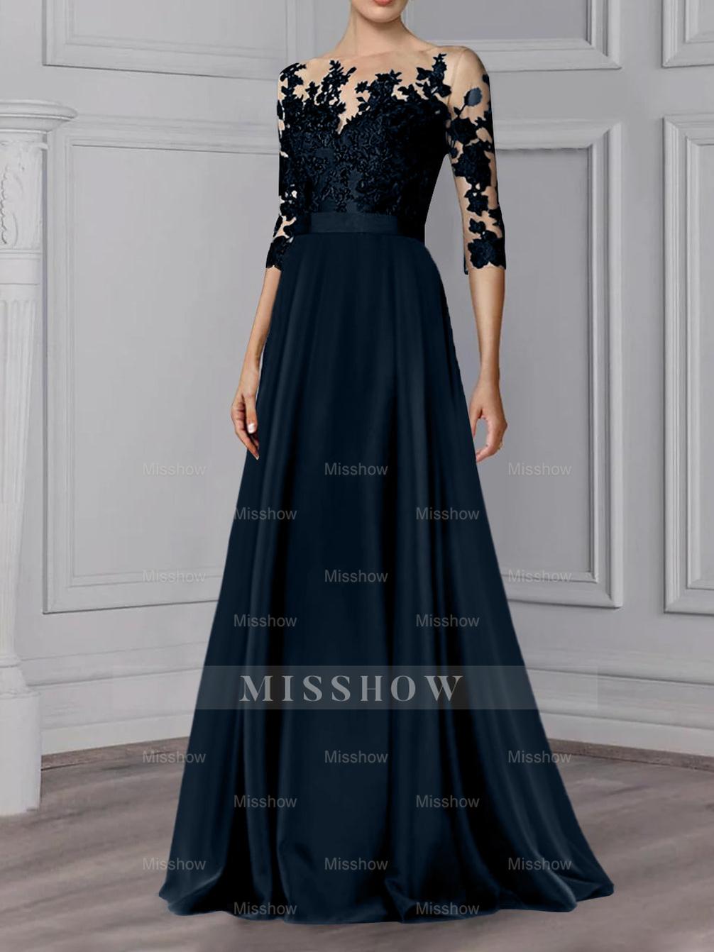 Floor-Length Mother of the Bride A-Line Dress with Jewel Neck and 3/4 Sleeves