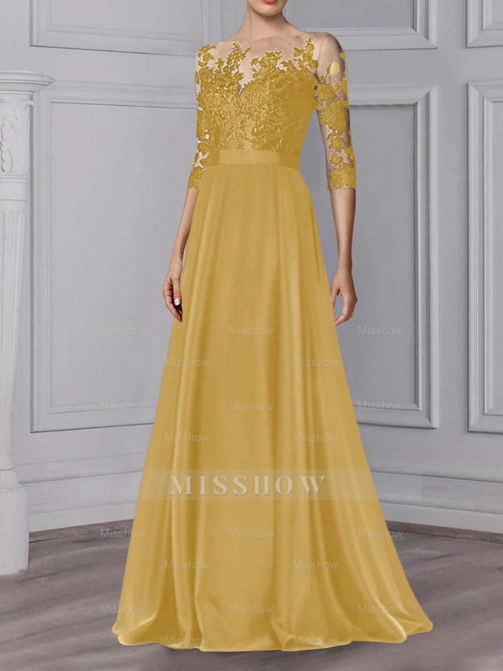 Floor-Length Mother of the Bride A-Line Dress with Jewel Neck and 3/4 Sleeves