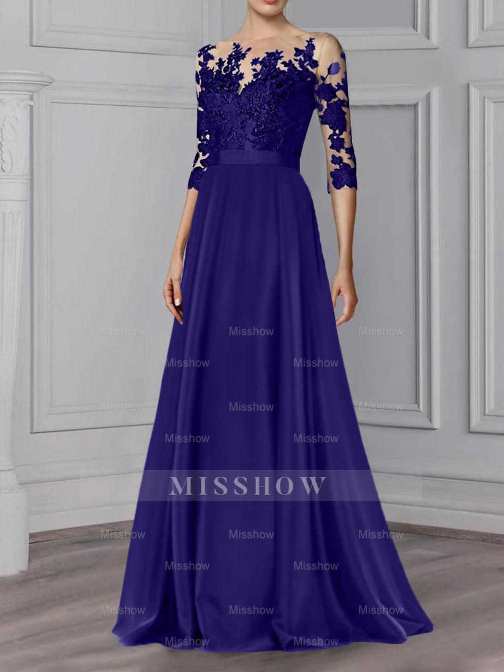Floor-Length Mother of the Bride A-Line Dress with Jewel Neck and 3/4 Sleeves