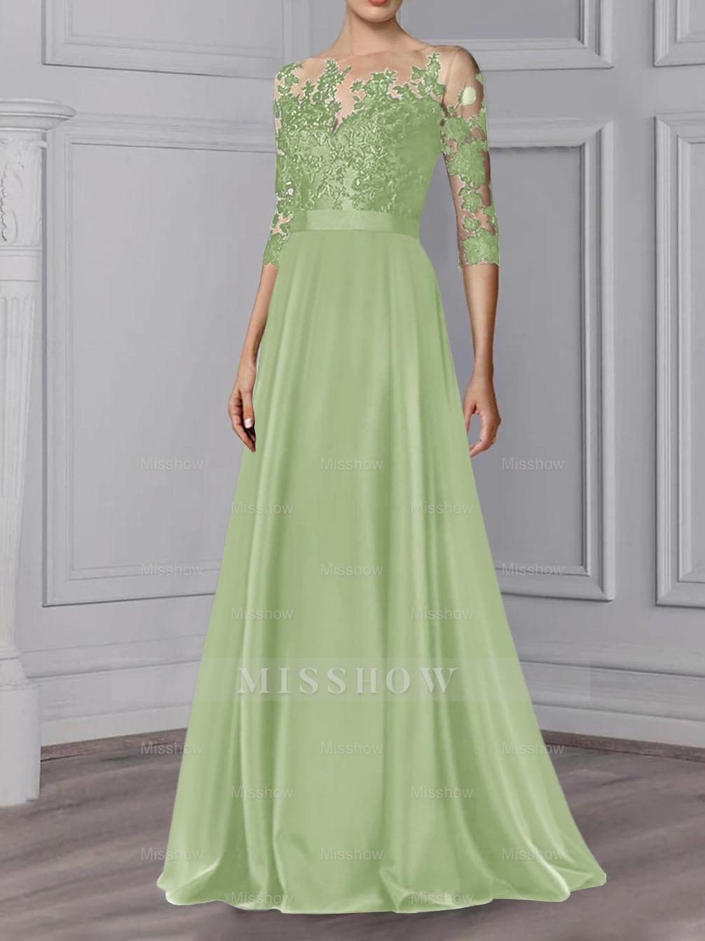 Floor-Length Mother of the Bride A-Line Dress with Jewel Neck and 3/4 Sleeves