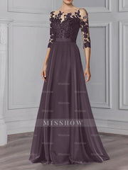 Floor-Length Mother of the Bride A-Line Dress with Jewel Neck and 3/4 Sleeves