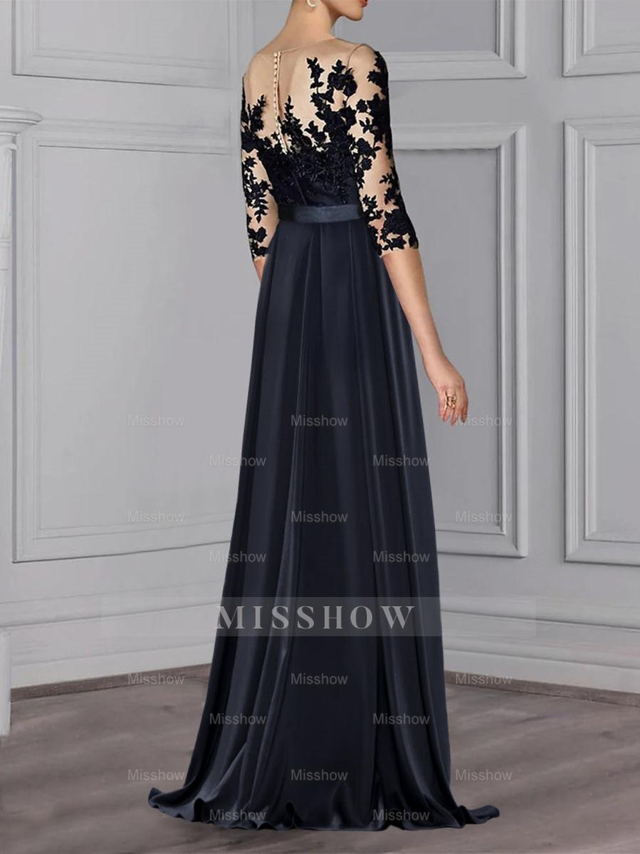 Floor-Length Mother of the Bride A-Line Dress with Jewel Neck and 3/4 Sleeves