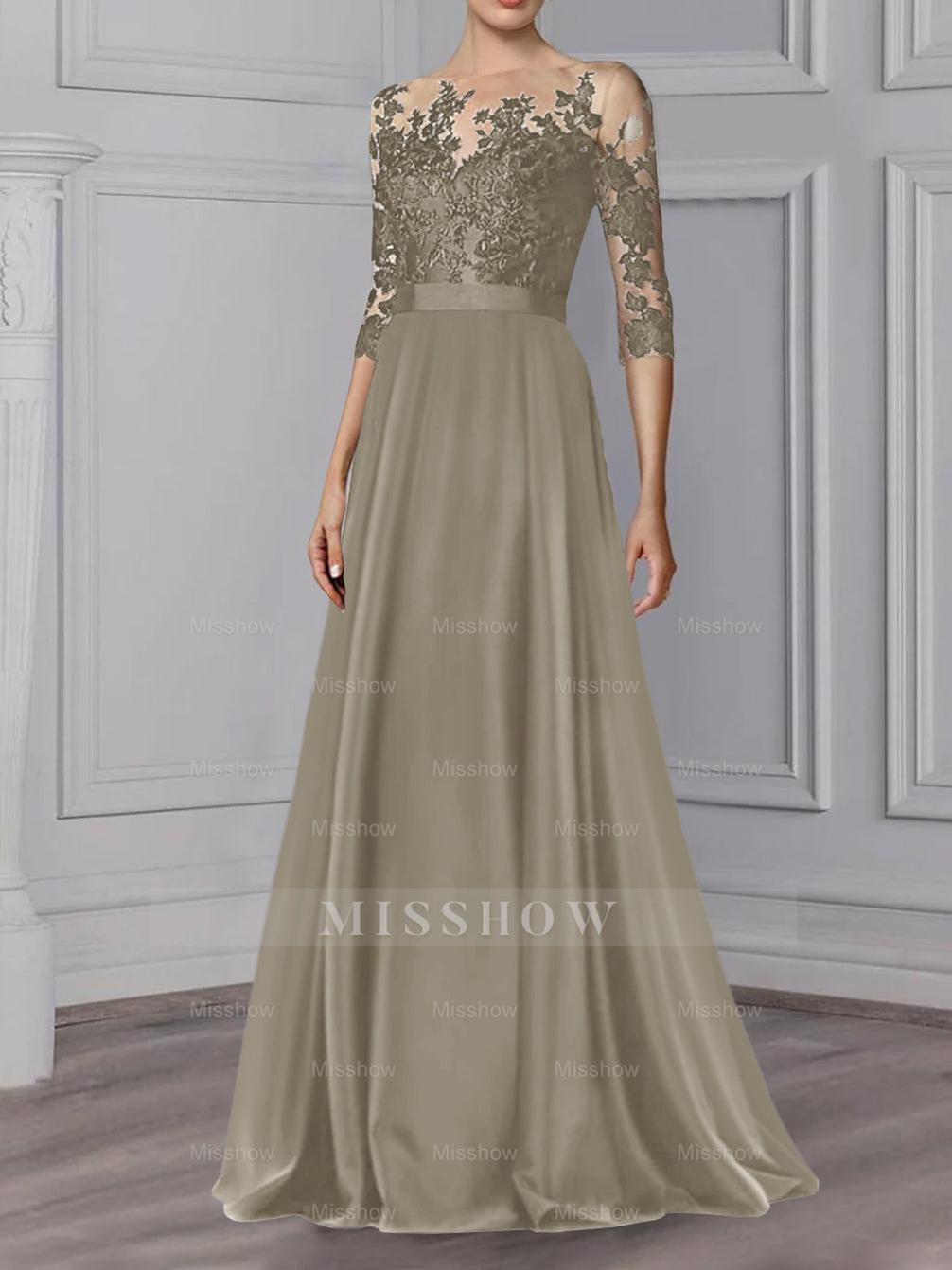 Floor-Length Mother of the Bride A-Line Dress with Jewel Neck and 3/4 Sleeves