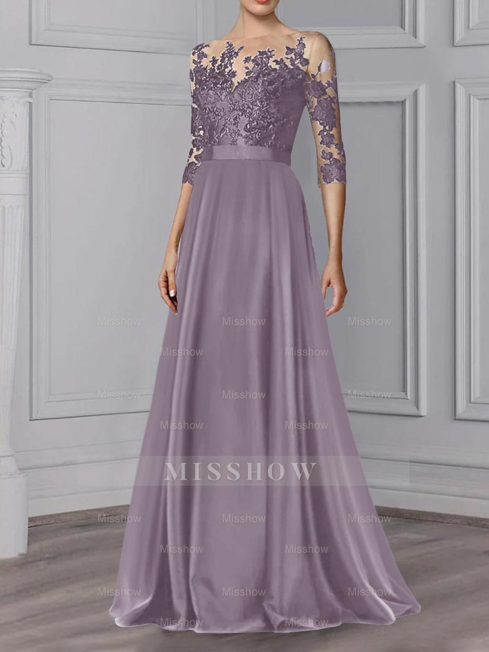 Floor-Length Mother of the Bride A-Line Dress with Jewel Neck and 3/4 Sleeves