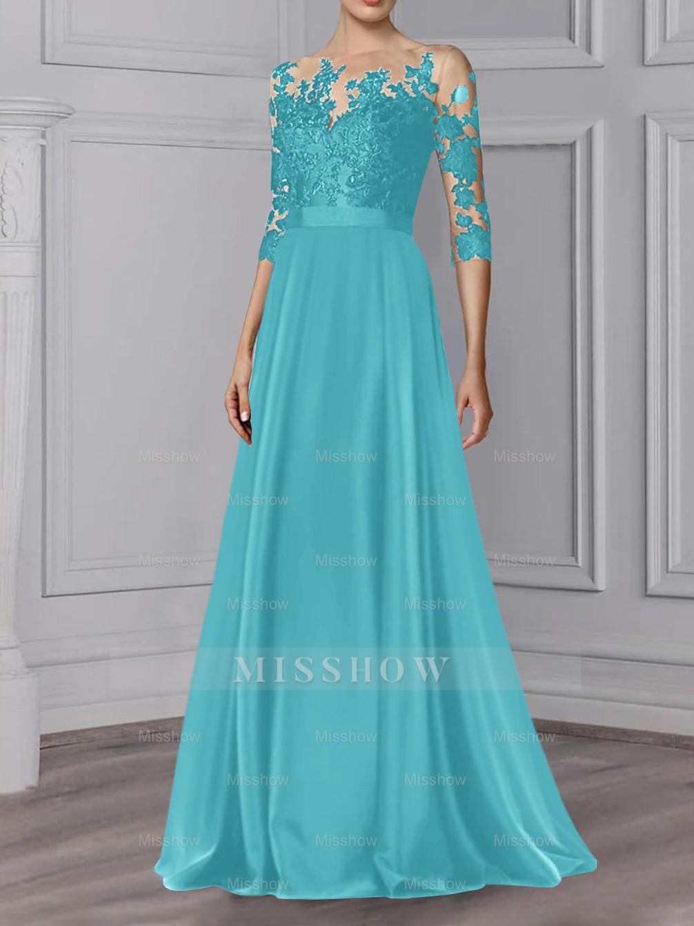 Floor-Length Mother of the Bride A-Line Dress with Jewel Neck and 3/4 Sleeves