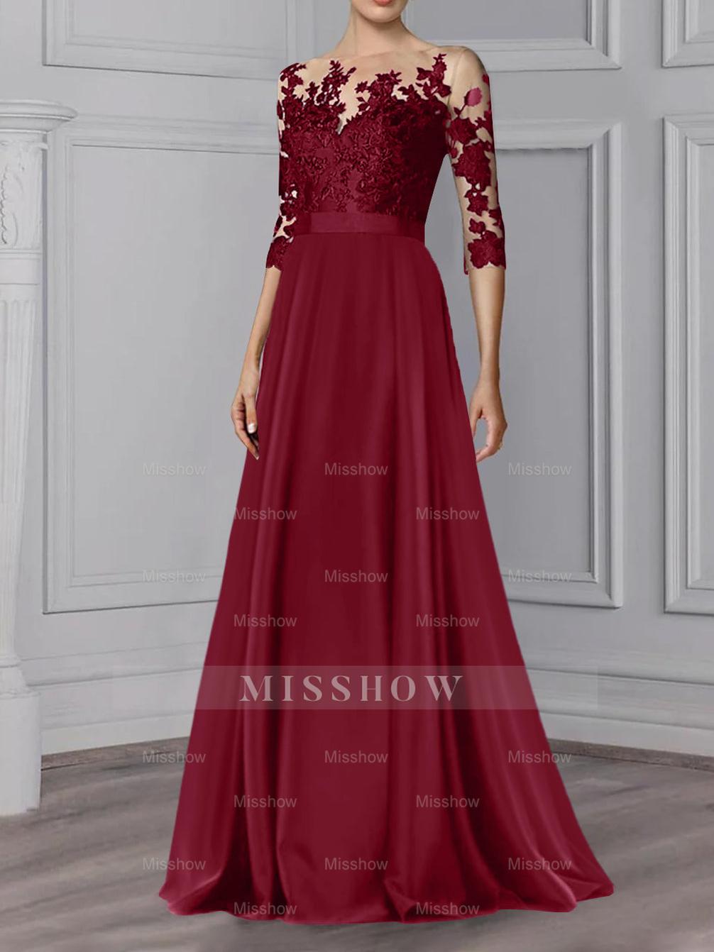 Floor-Length Mother of the Bride A-Line Dress with Jewel Neck and 3/4 Sleeves