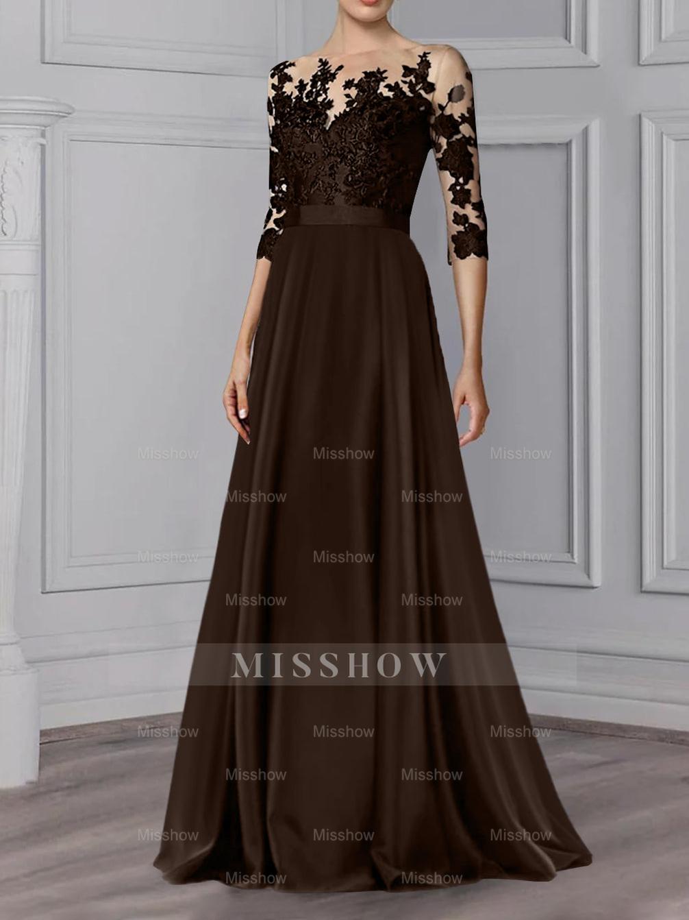 Floor-Length Mother of the Bride A-Line Dress with Jewel Neck and 3/4 Sleeves