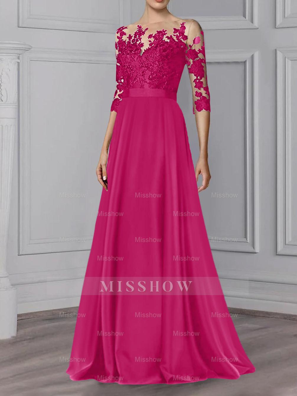 Floor-Length Mother of the Bride A-Line Dress with Jewel Neck and 3/4 Sleeves