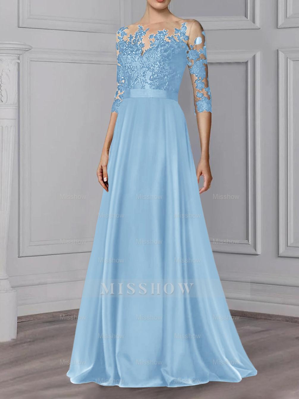 Floor-Length Mother of the Bride A-Line Dress with Jewel Neck and 3/4 Sleeves