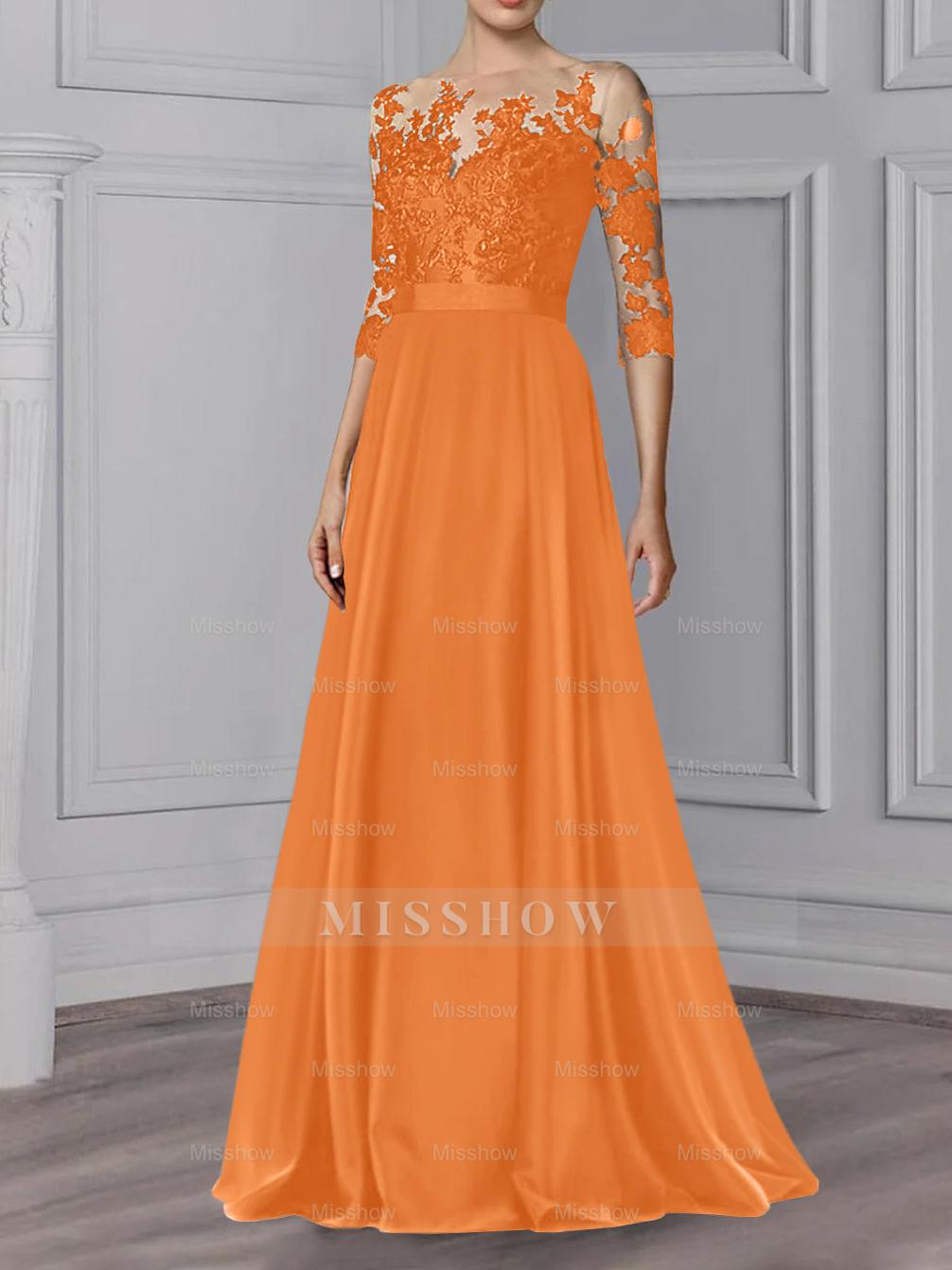 Floor-Length Mother of the Bride A-Line Dress with Jewel Neck and 3/4 Sleeves