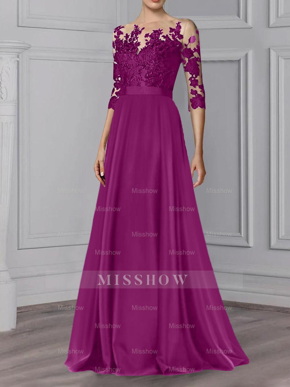 Floor-Length Mother of the Bride A-Line Dress with Jewel Neck and 3/4 Sleeves