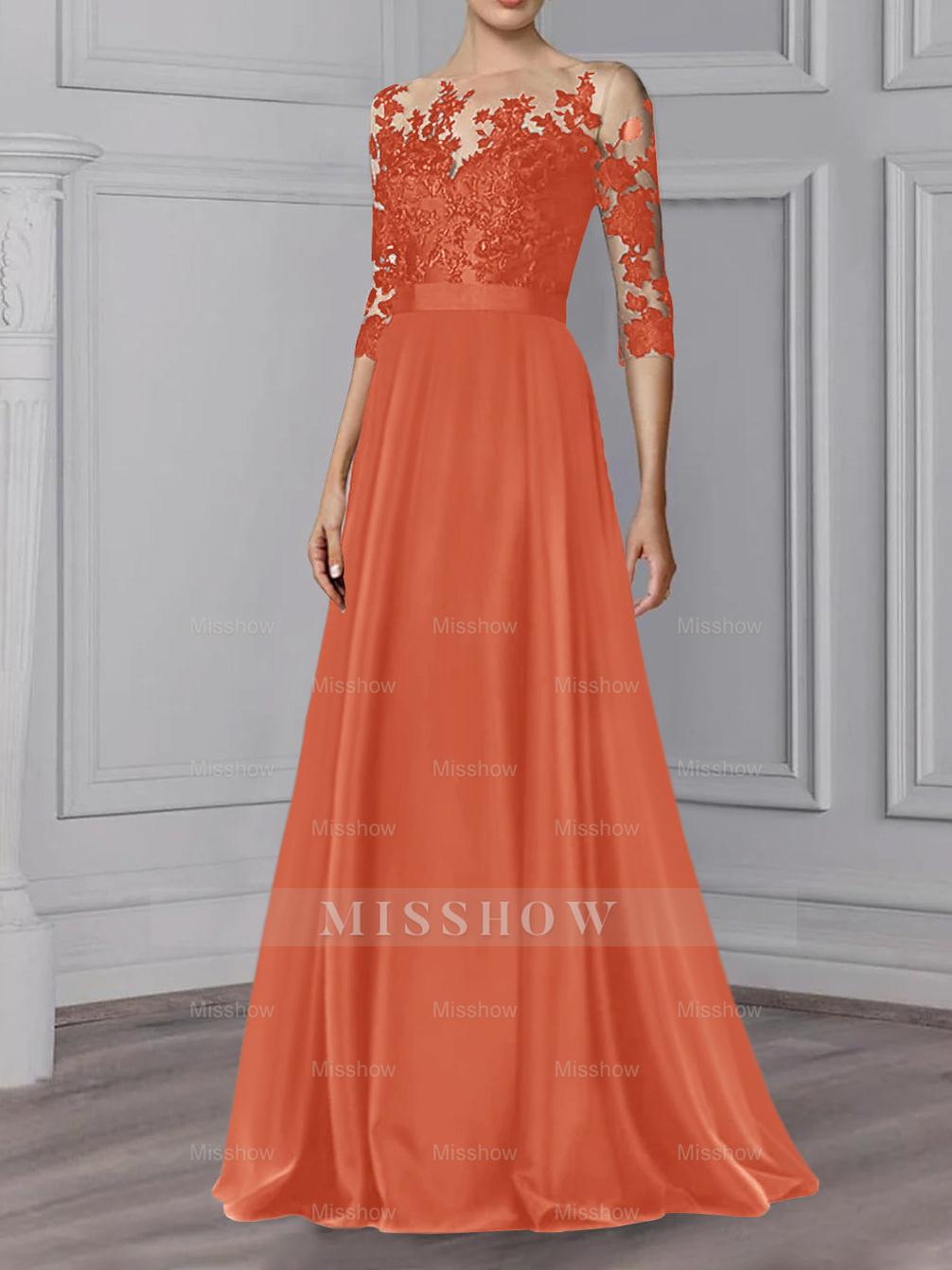 Floor-Length Mother of the Bride A-Line Dress with Jewel Neck and 3/4 Sleeves