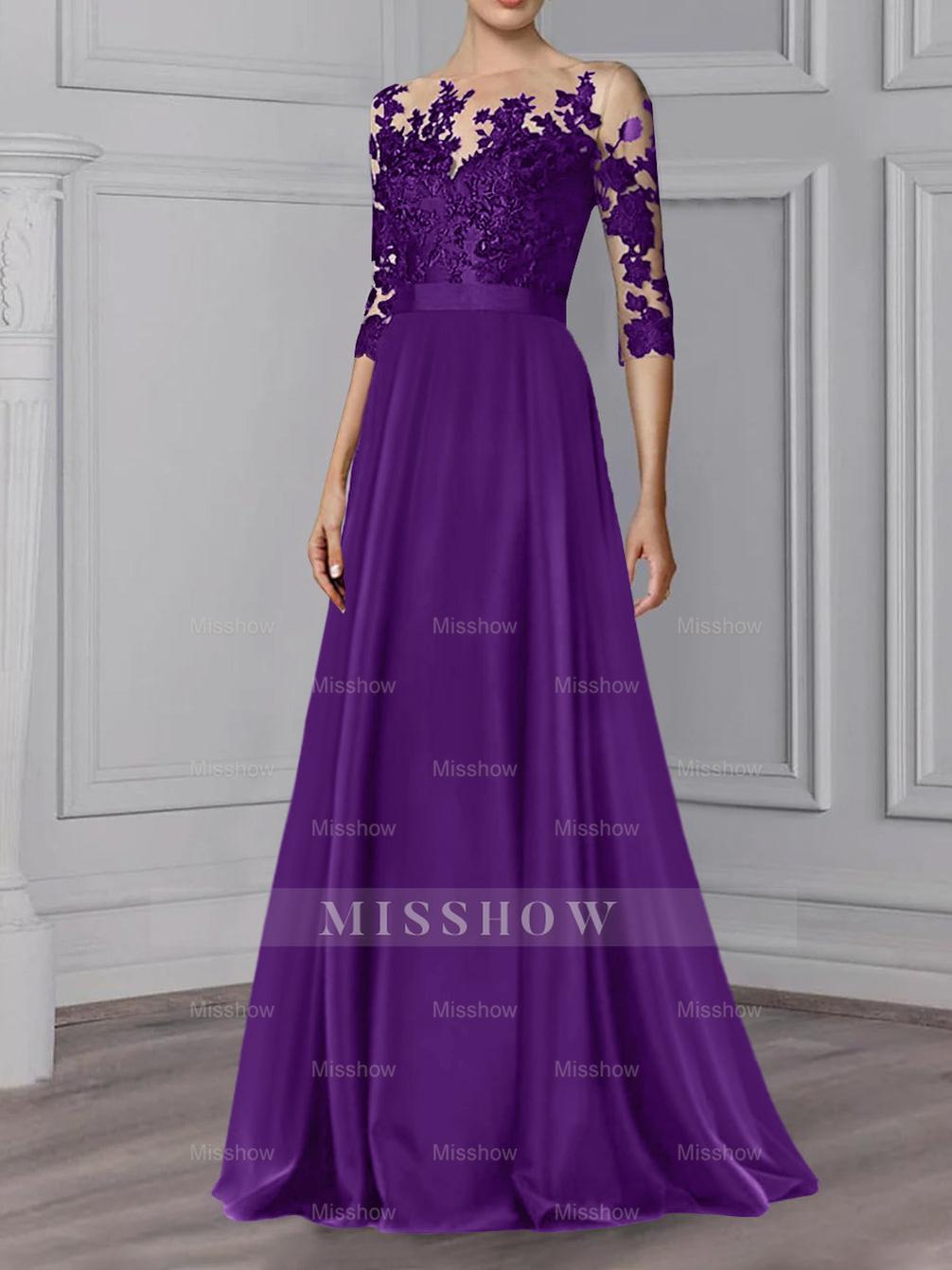 Floor-Length Mother of the Bride A-Line Dress with Jewel Neck and 3/4 Sleeves