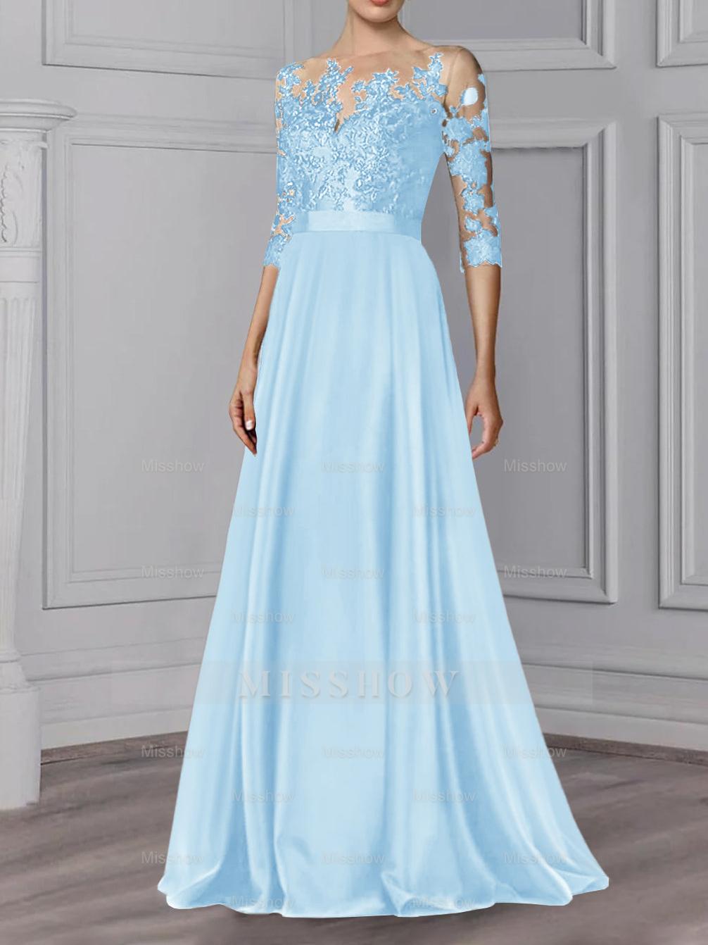 Floor-Length Mother of the Bride A-Line Dress with Jewel Neck and 3/4 Sleeves