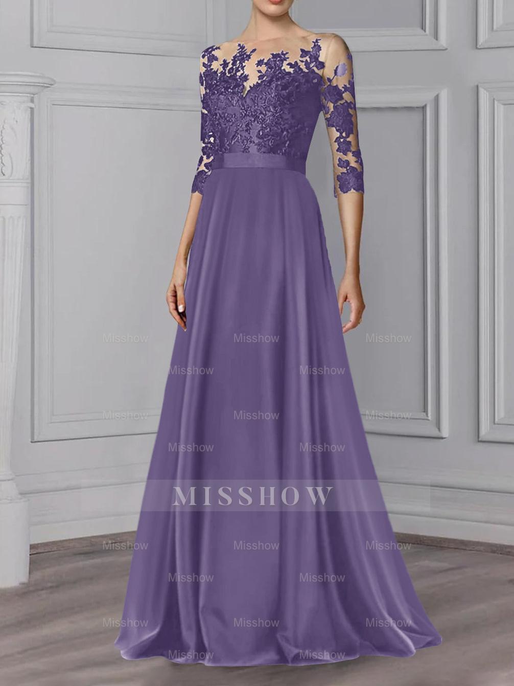 Floor-Length Mother of the Bride A-Line Dress with Jewel Neck and 3/4 Sleeves