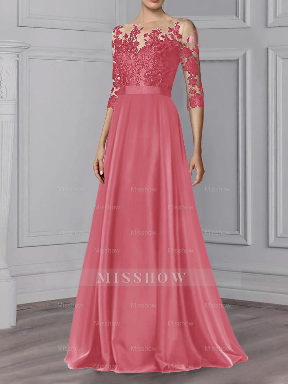 Floor-Length Mother of the Bride A-Line Dress with Jewel Neck and 3/4 Sleeves