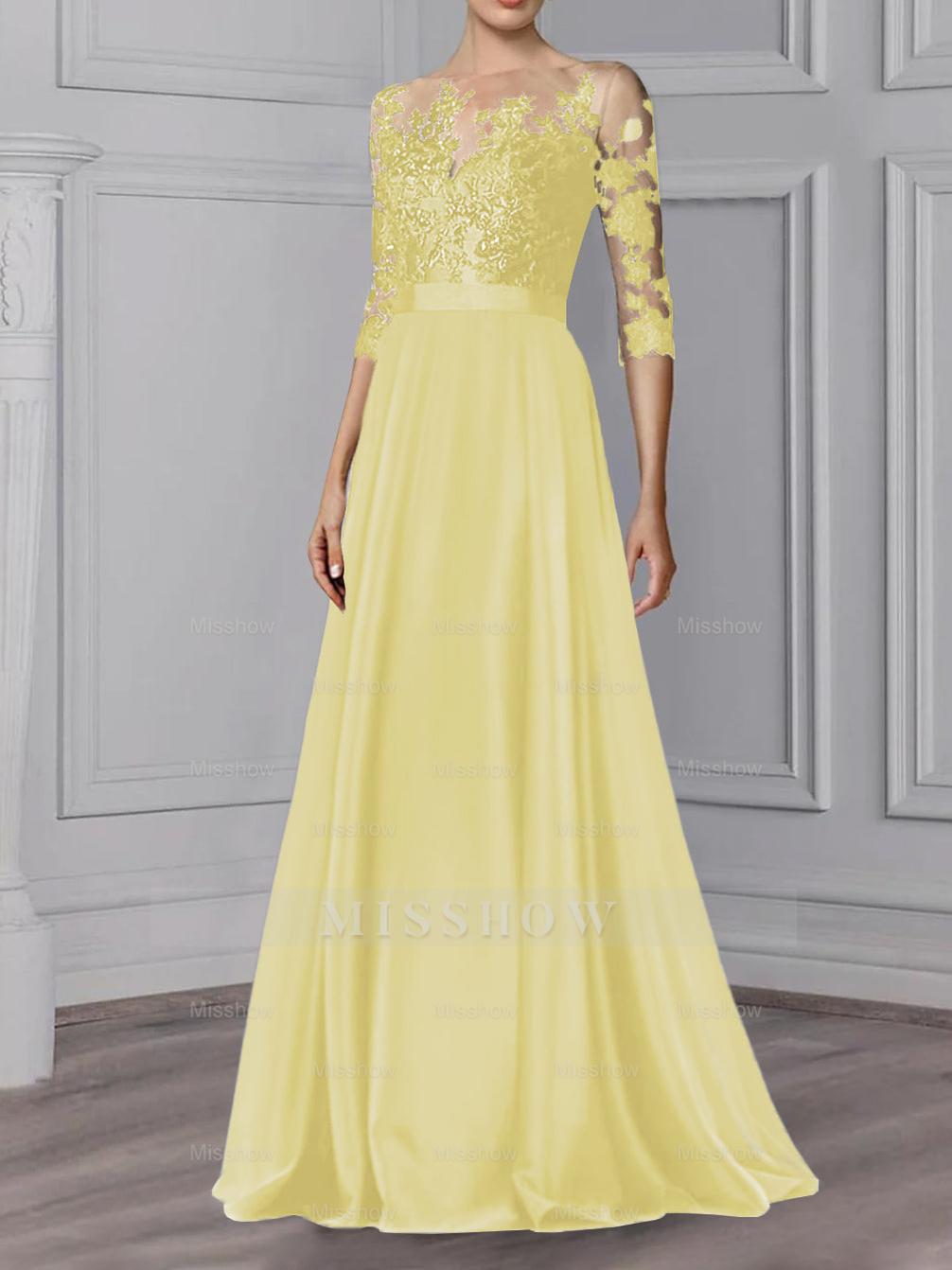 Floor-Length Mother of the Bride A-Line Dress with Jewel Neck and 3/4 Sleeves