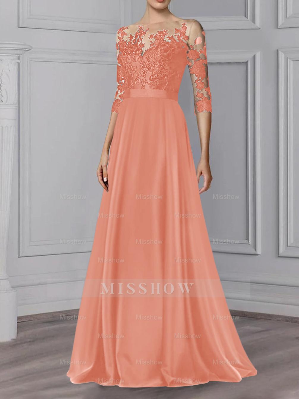 Floor-Length Mother of the Bride A-Line Dress with Jewel Neck and 3/4 Sleeves