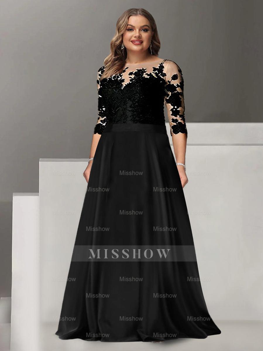 Floor-Length Mother of the Bride A-Line Dress with Jewel Neck and 3/4 Sleeves