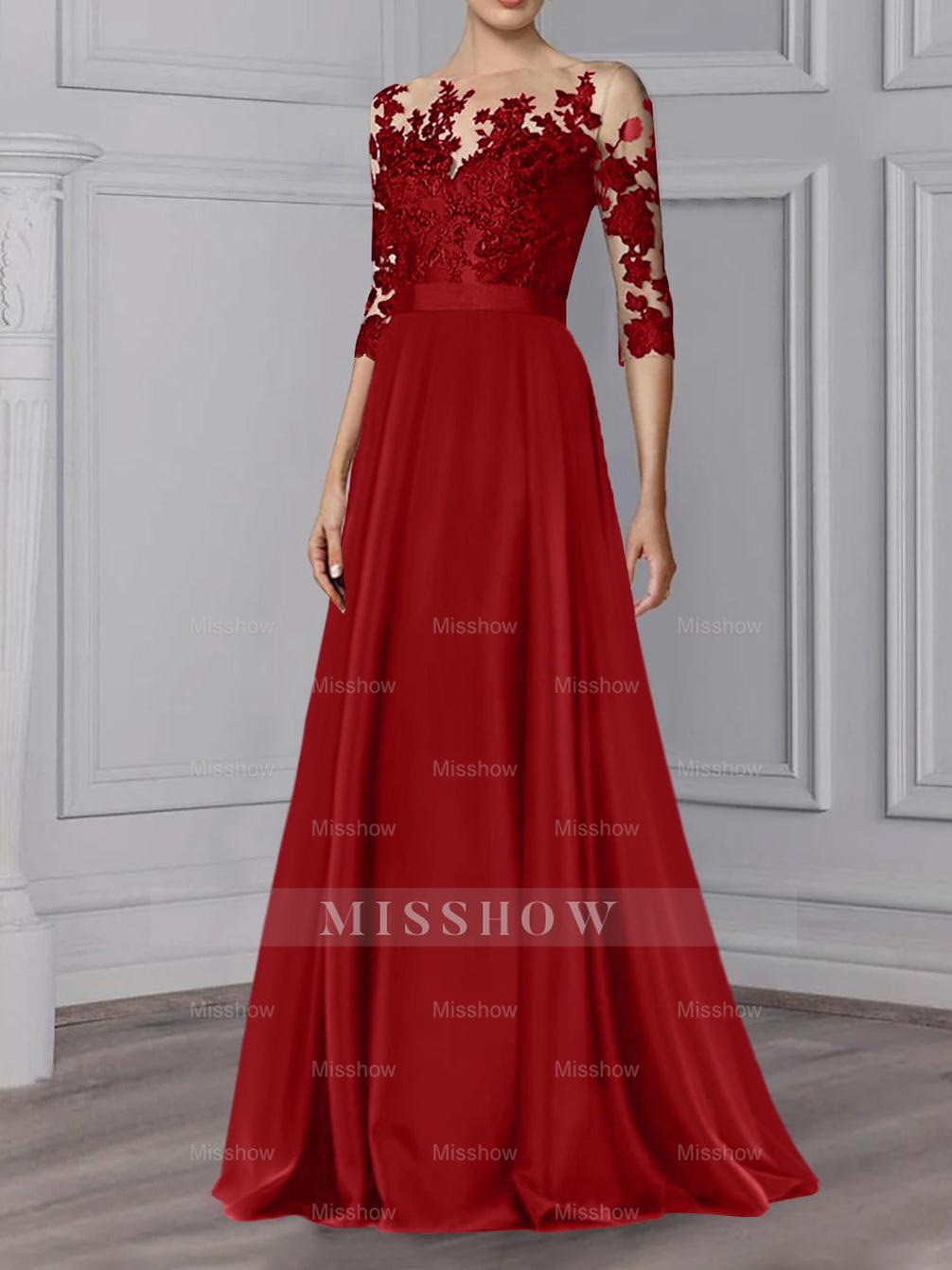 Floor-Length Mother of the Bride A-Line Dress with Jewel Neck and 3/4 Sleeves