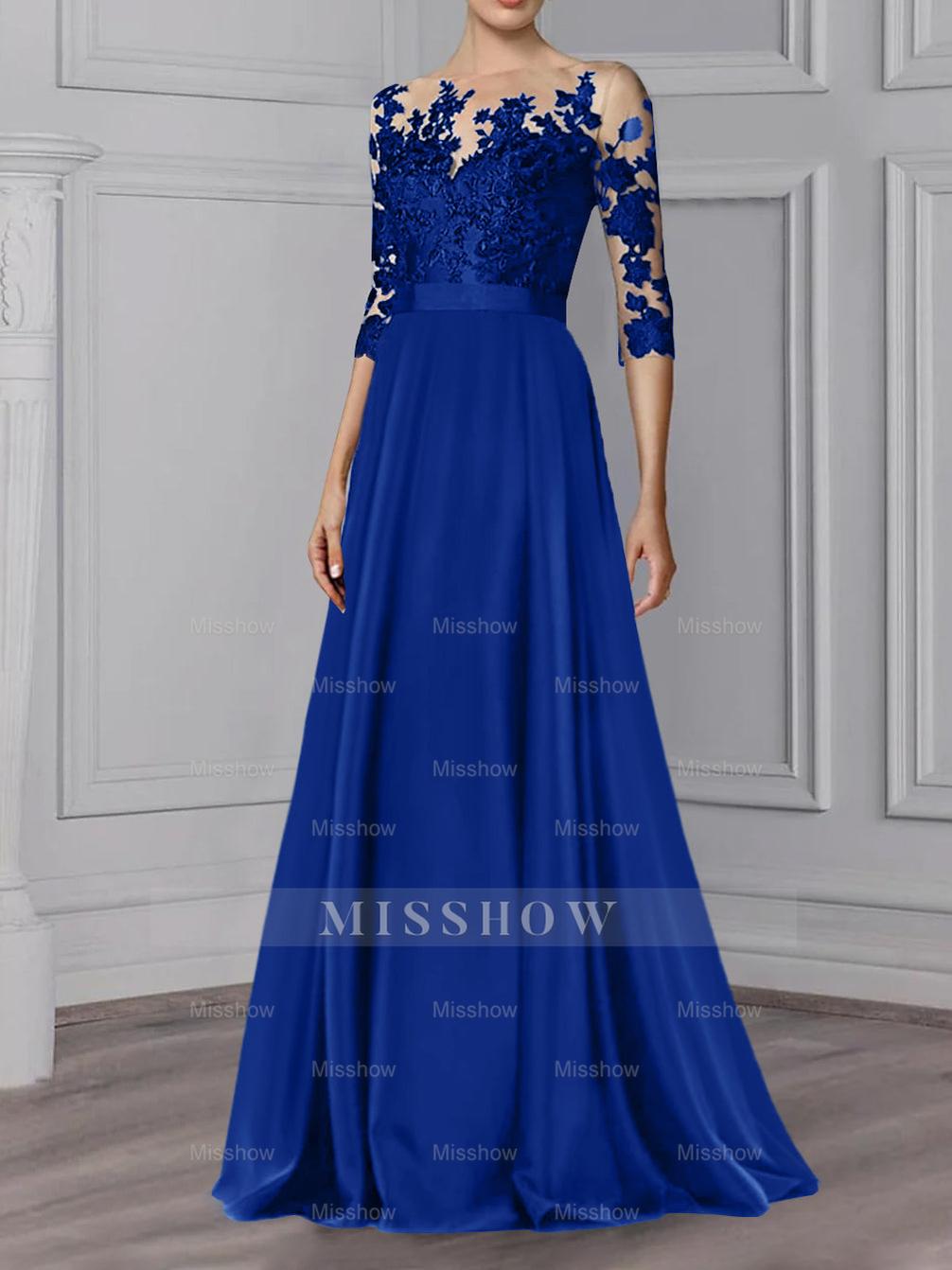 Floor-Length Mother of the Bride A-Line Dress with Jewel Neck and 3/4 Sleeves