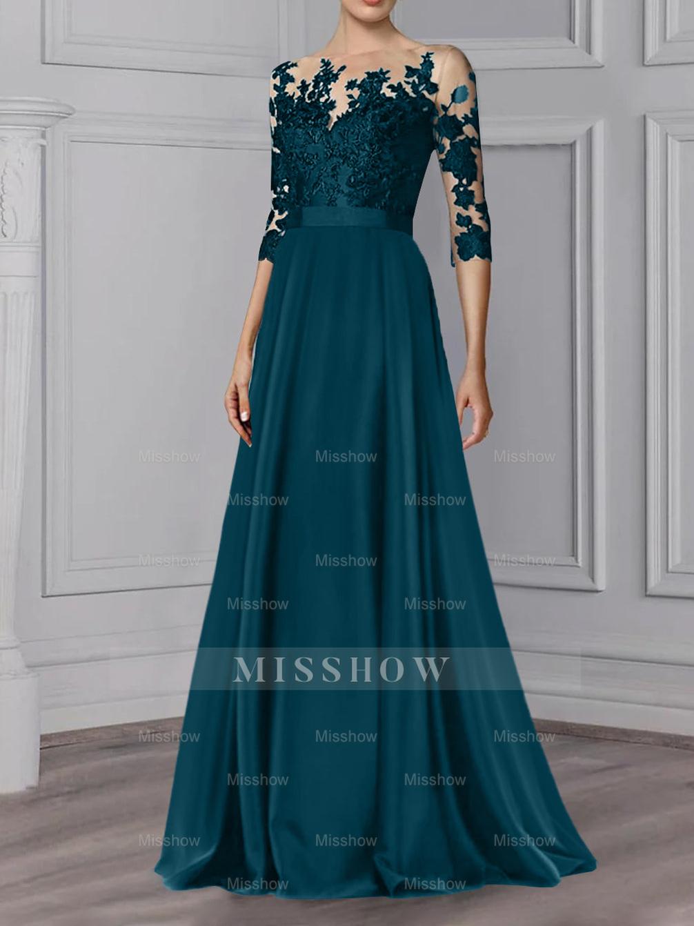 Floor-Length Mother of the Bride A-Line Dress with Jewel Neck and 3/4 Sleeves