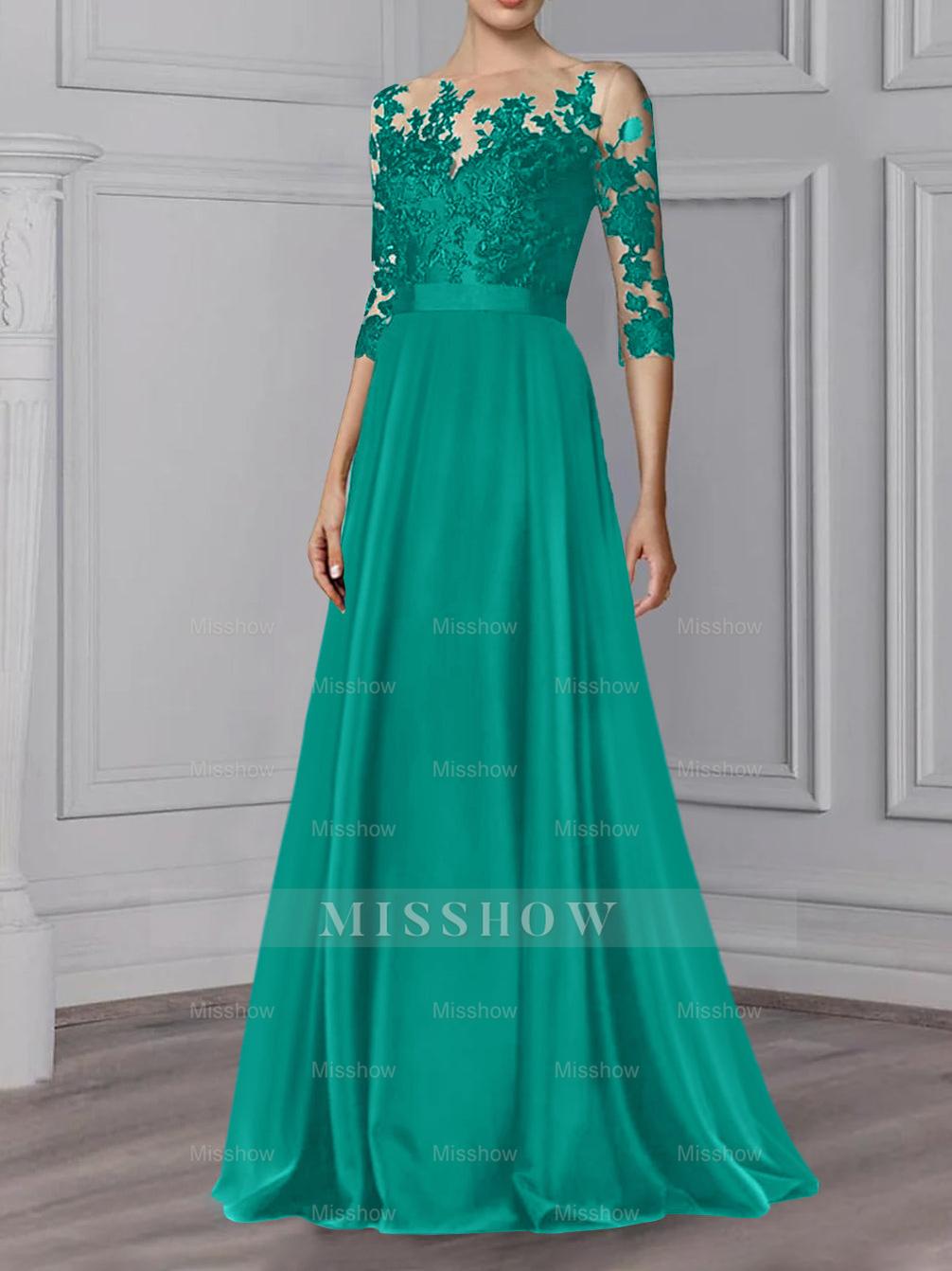 Floor-Length Mother of the Bride A-Line Dress with Jewel Neck and 3/4 Sleeves