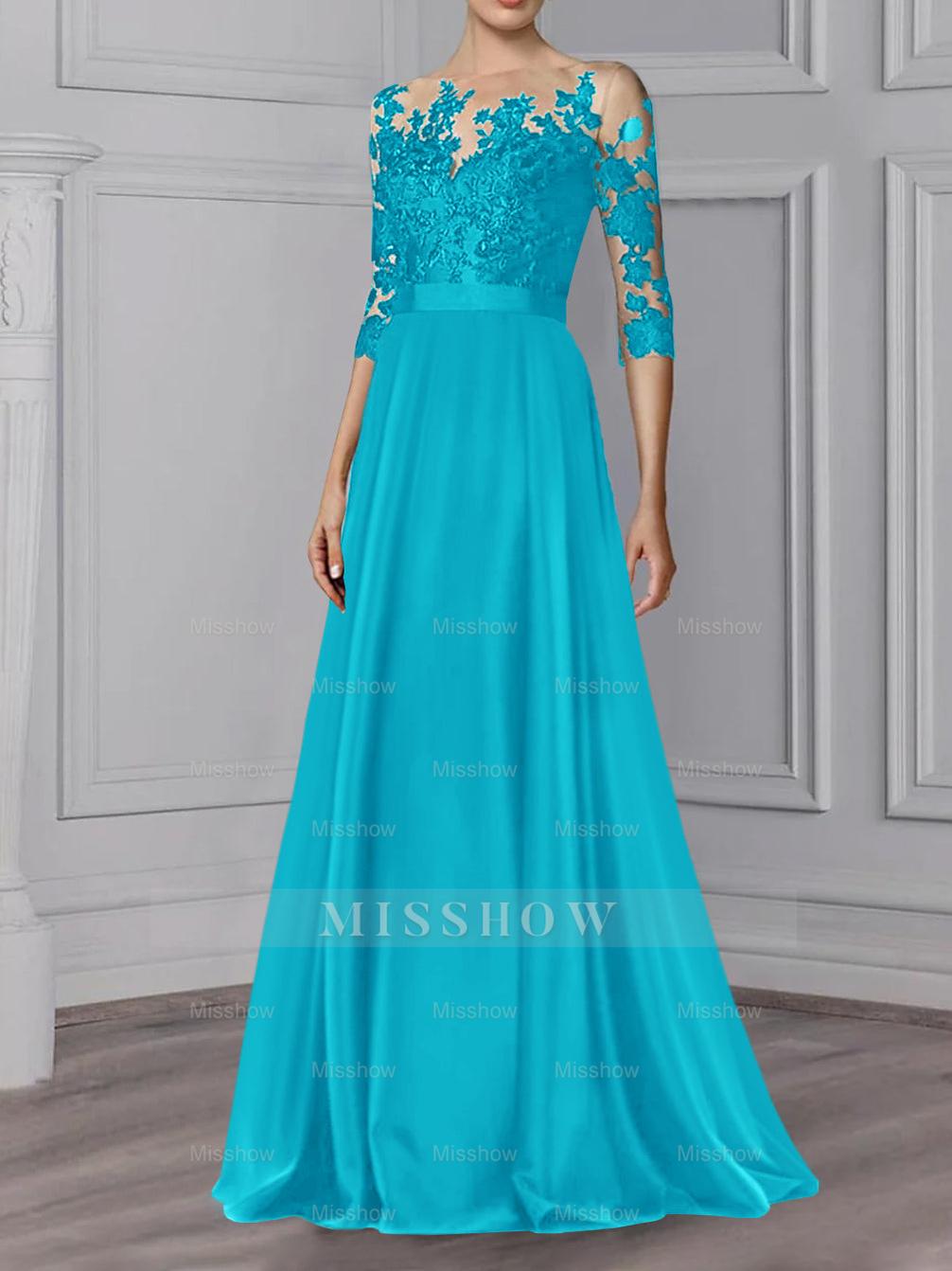 Floor-Length Mother of the Bride A-Line Dress with Jewel Neck and 3/4 Sleeves