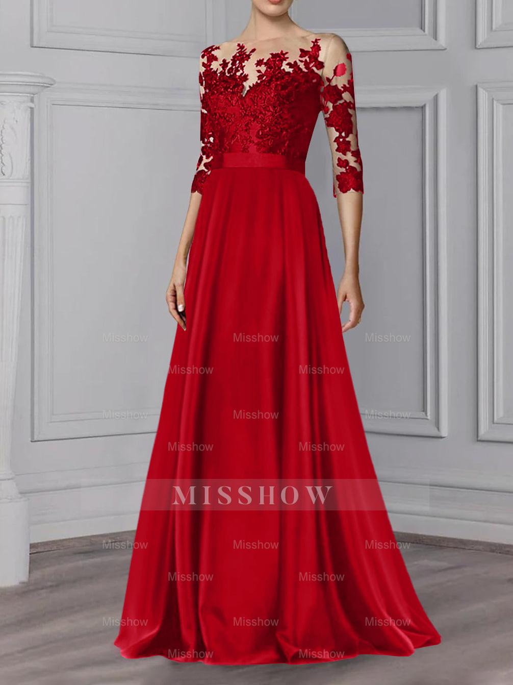 Floor-Length Mother of the Bride A-Line Dress with Jewel Neck and 3/4 Sleeves