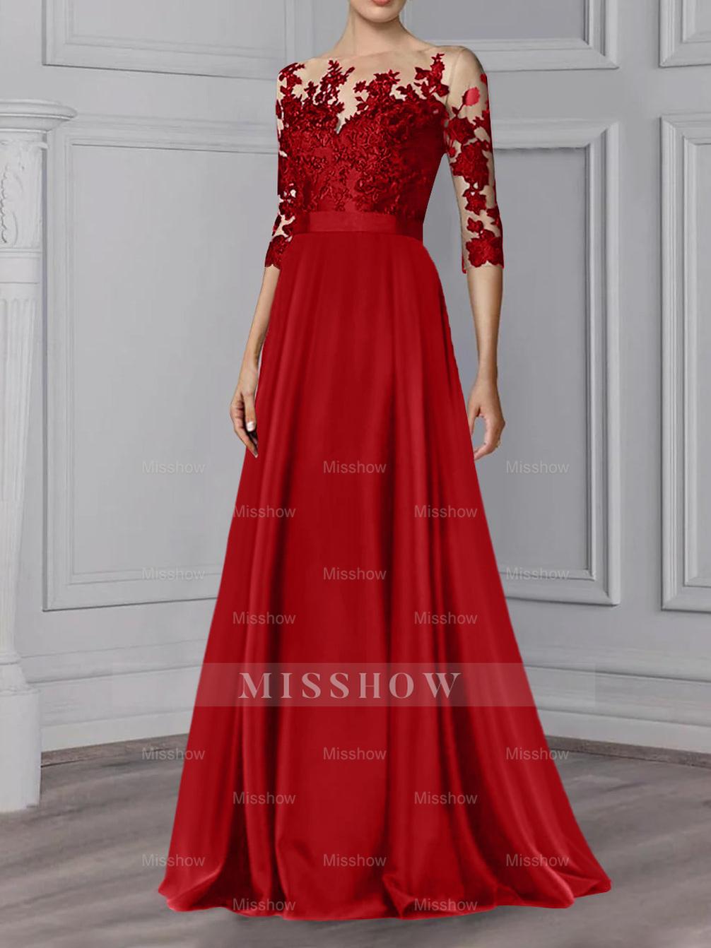 Floor-Length Mother of the Bride A-Line Dress with Jewel Neck and 3/4 Sleeves