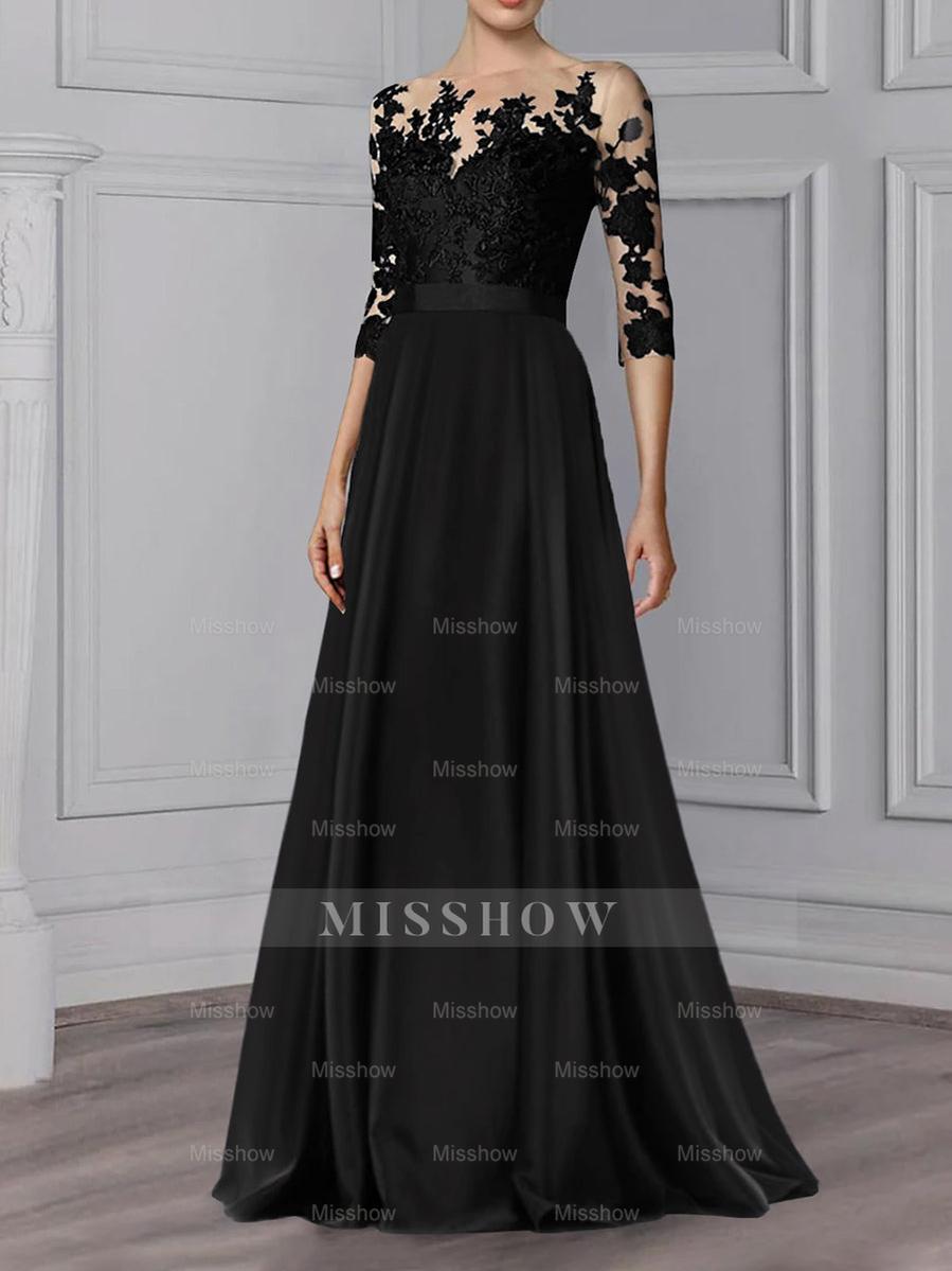 Floor-Length Mother of the Bride A-Line Dress with Jewel Neck and 3/4 Sleeves