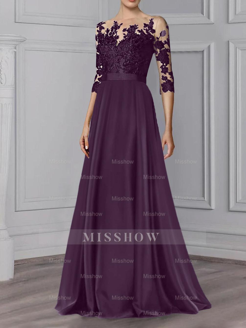Floor-Length Mother of the Bride A-Line Dress with Jewel Neck and 3/4 Sleeves