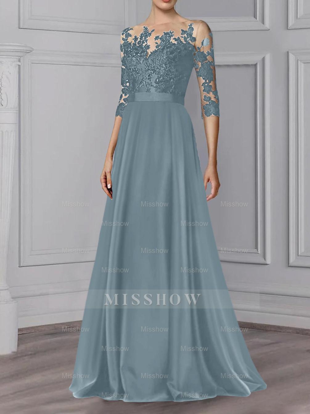 Floor-Length Mother of the Bride A-Line Dress with Jewel Neck and 3/4 Sleeves