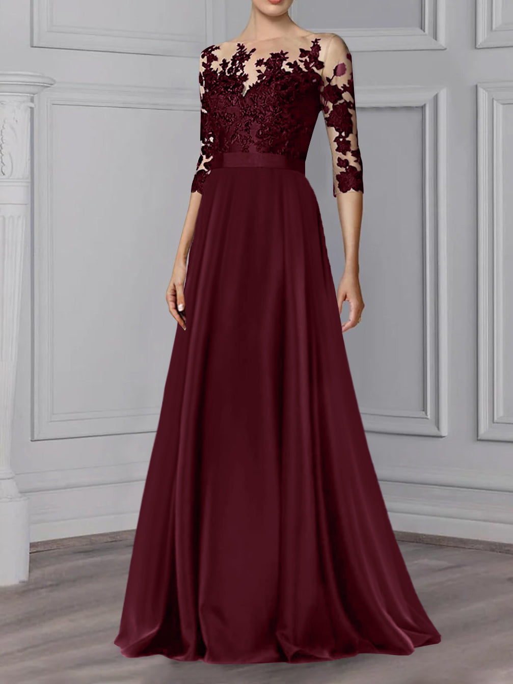 Floor-Length Mother of the Bride A-Line Dress with Jewel Neck and 3/4 Sleeves
