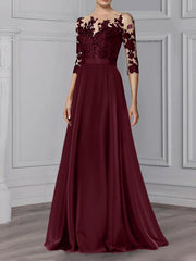 Floor-Length Mother of the Bride A-Line Dress with Jewel Neck and 3/4 Sleeves