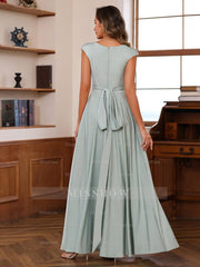 Floor-Length Mother of the Bride A-Line Dress with Scoop Neck and Ruffled Short Sleeves