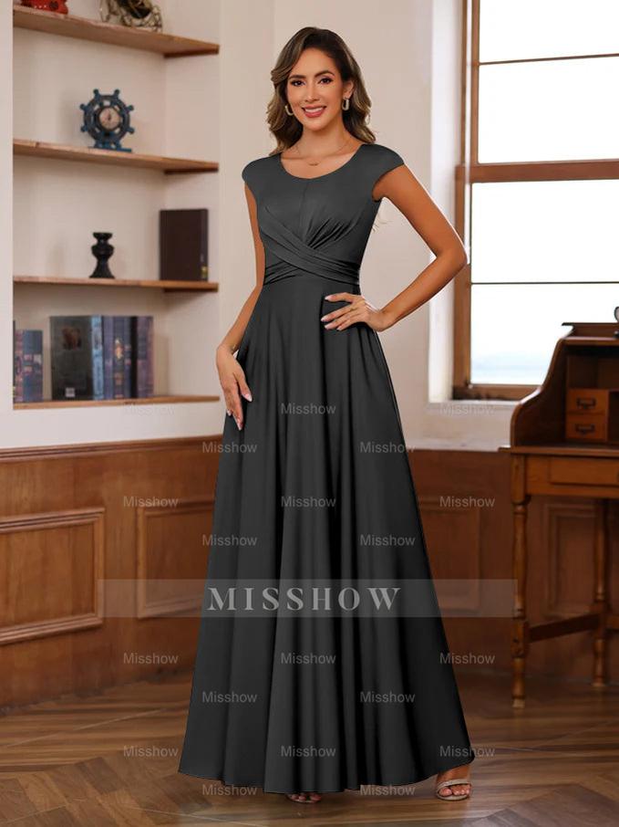 Floor-Length Mother of the Bride A-Line Dress with Scoop Neck and Ruffled Short Sleeves