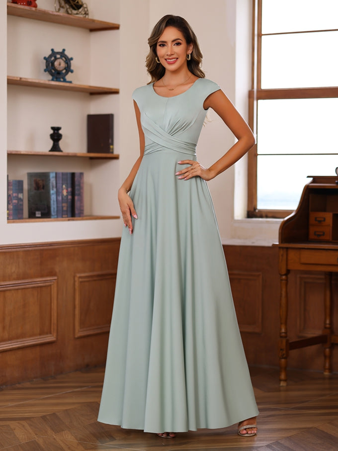 Floor-Length Mother of the Bride A-Line Dress with Scoop Neck and Ruffled Short Sleeves