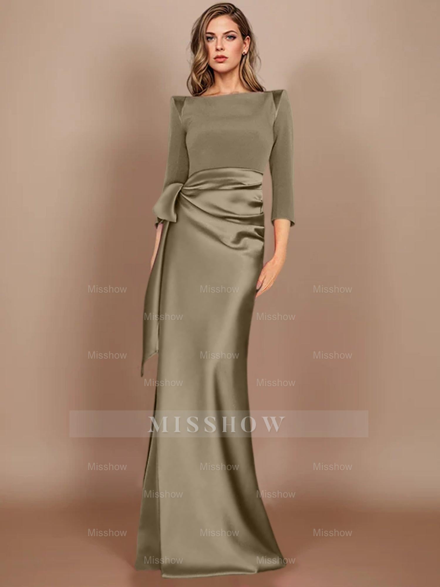 Floor-Length Mother of the Bride Dress with Bow and 3/4 Sleeves in Sheath/Column Style