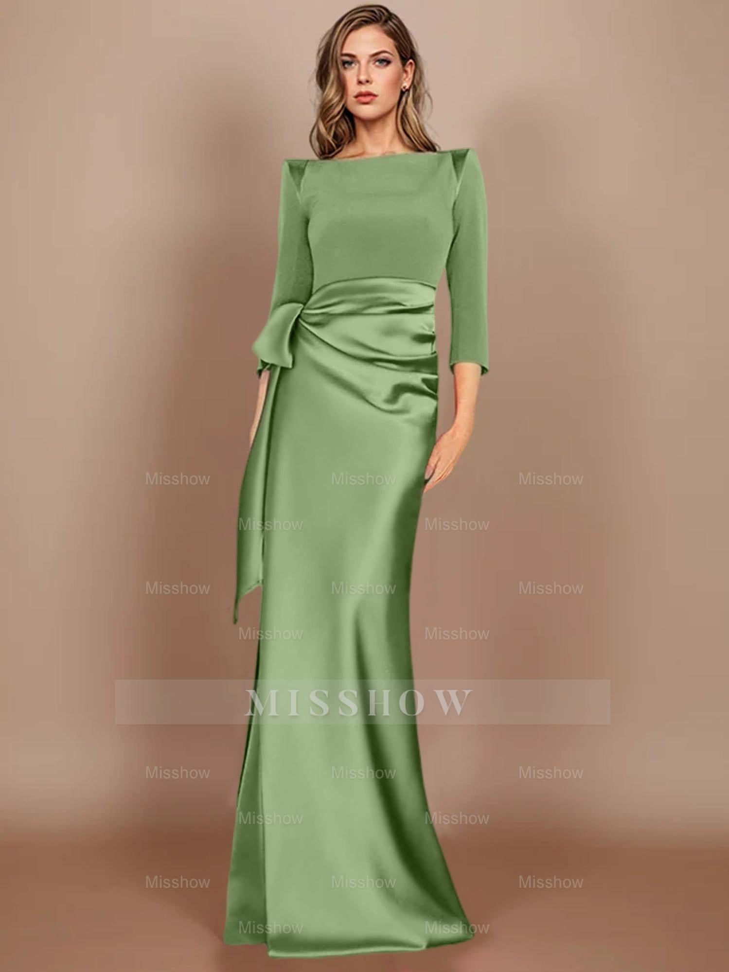 Floor-Length Mother of the Bride Dress with Bow and 3/4 Sleeves in Sheath/Column Style