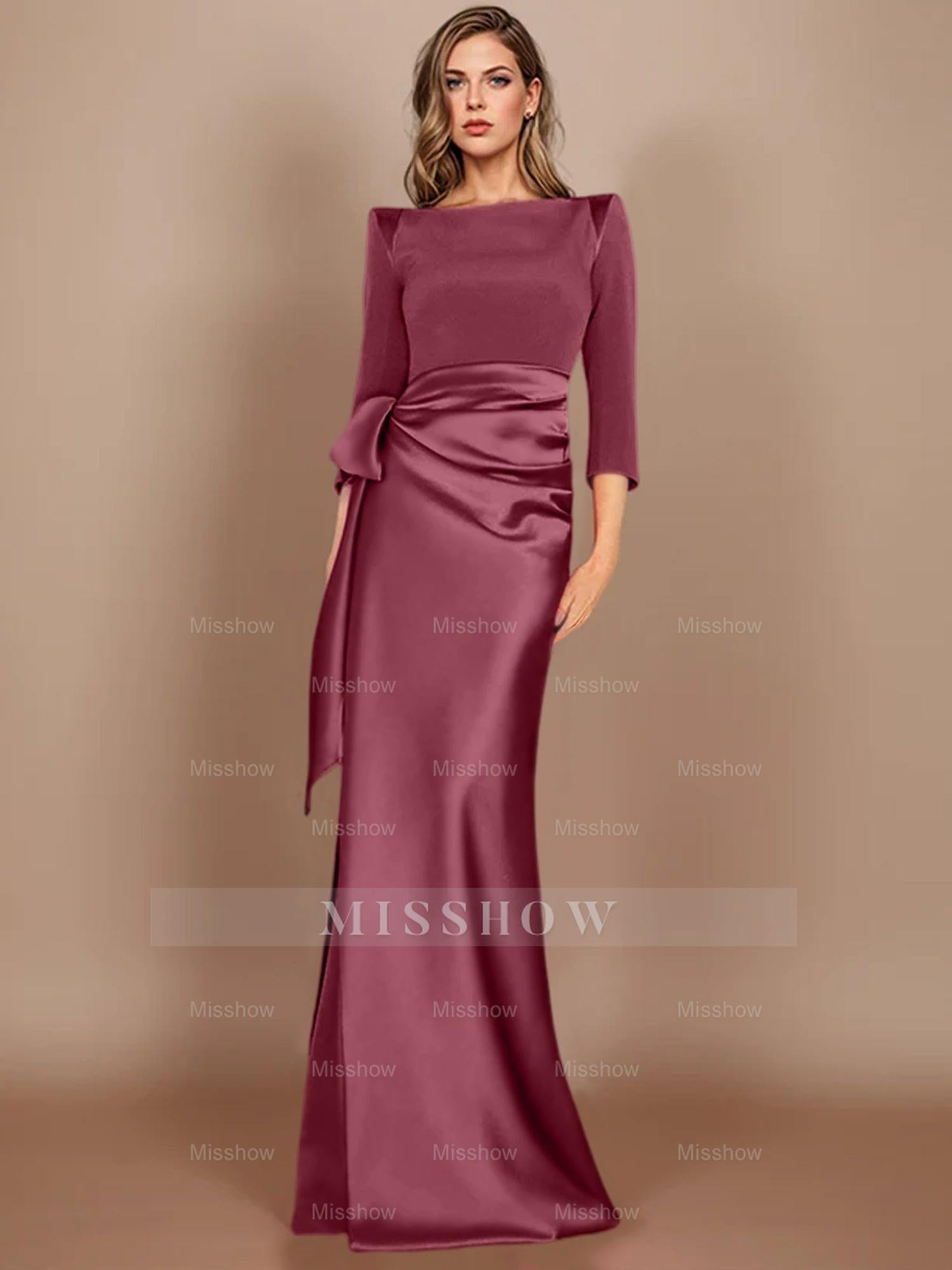 Floor-Length Mother of the Bride Dress with Bow and 3/4 Sleeves in Sheath/Column Style