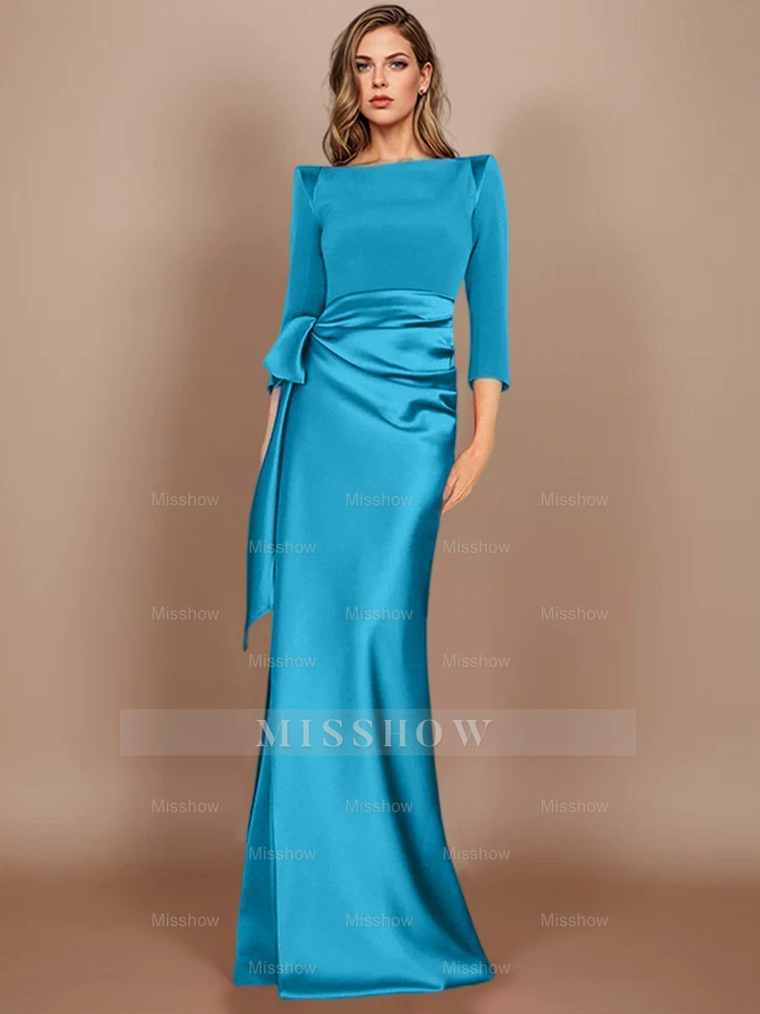 Floor-Length Mother of the Bride Dress with Bow and 3/4 Sleeves in Sheath/Column Style