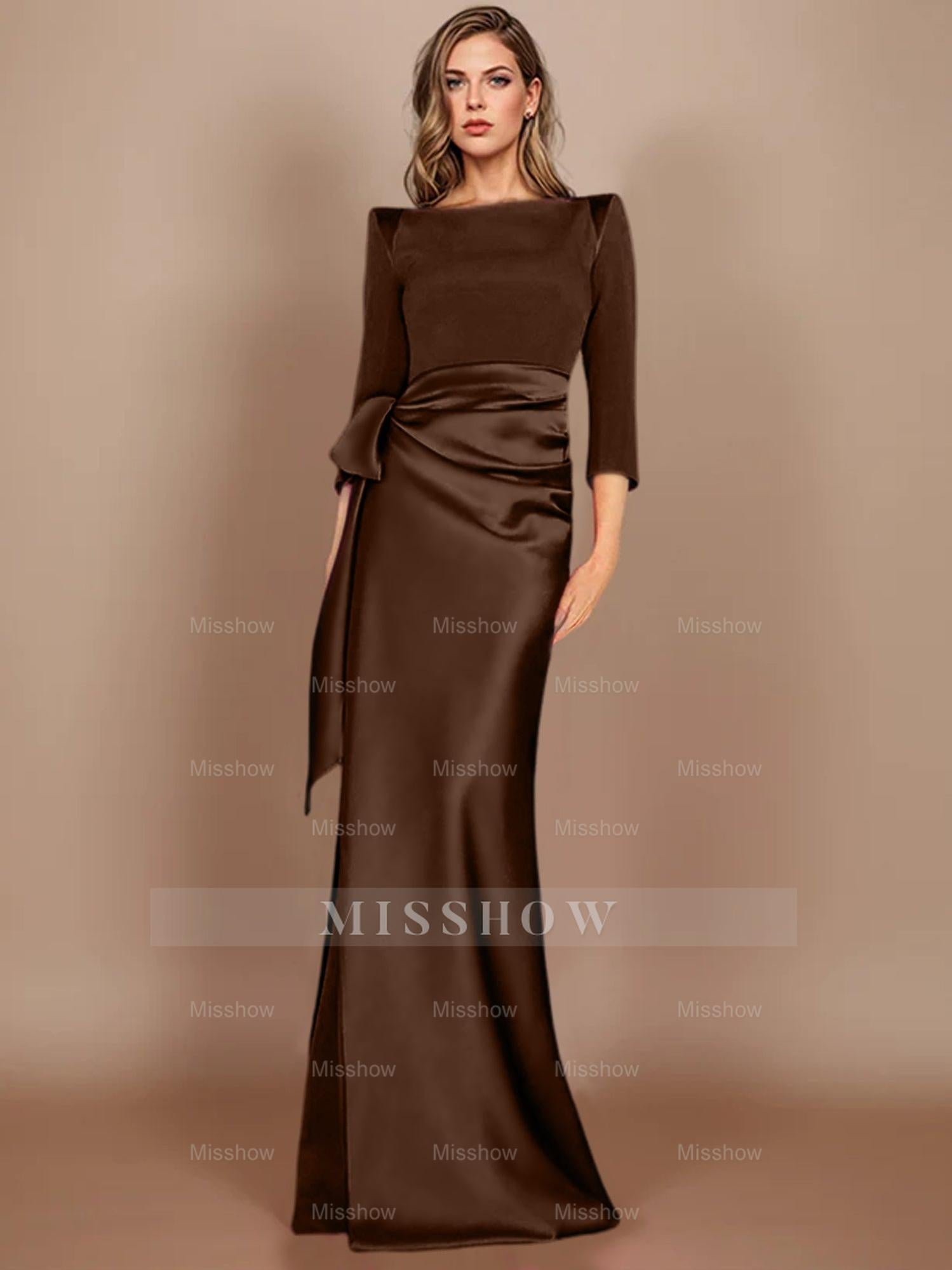 Floor-Length Mother of the Bride Dress with Bow and 3/4 Sleeves in Sheath/Column Style