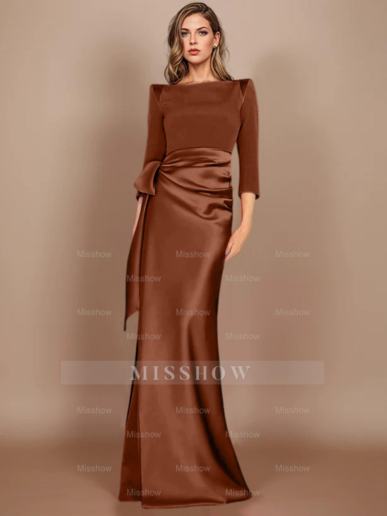 Floor-Length Mother of the Bride Dress with Bow and 3/4 Sleeves in Sheath/Column Style
